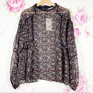 NEW ZARA Black Ditsy Floral Print Ruffle Sheer Blouse XL